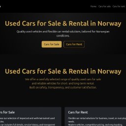 Daniel Błach Software Development - Zrzut strony internetowej auto4you.no z ofertą sprzedaży i wynajmu aut w Norwegii. Ciemna kolorystyka, widoczne sekcje 'Cars for Sale' i 'Cars for Rent'.