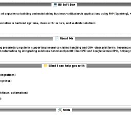 Daniel Błach Software Development - Zrzut ekranu profilu programisty z opisem doświadczenia, umiejętności (PHP, Symfony, MySQL, Angular, TypeScript) i oferowanych usług (backend, AI, bazy danych).