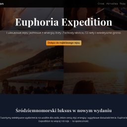 Daniel Błach Software Development - Strona internetowa firmy Euphoria Expedition oferującej luksusowe rejsy jachtowe. Widoczne menu, logo i hasło reklamowe na tle zachodu słońca nad morzem.