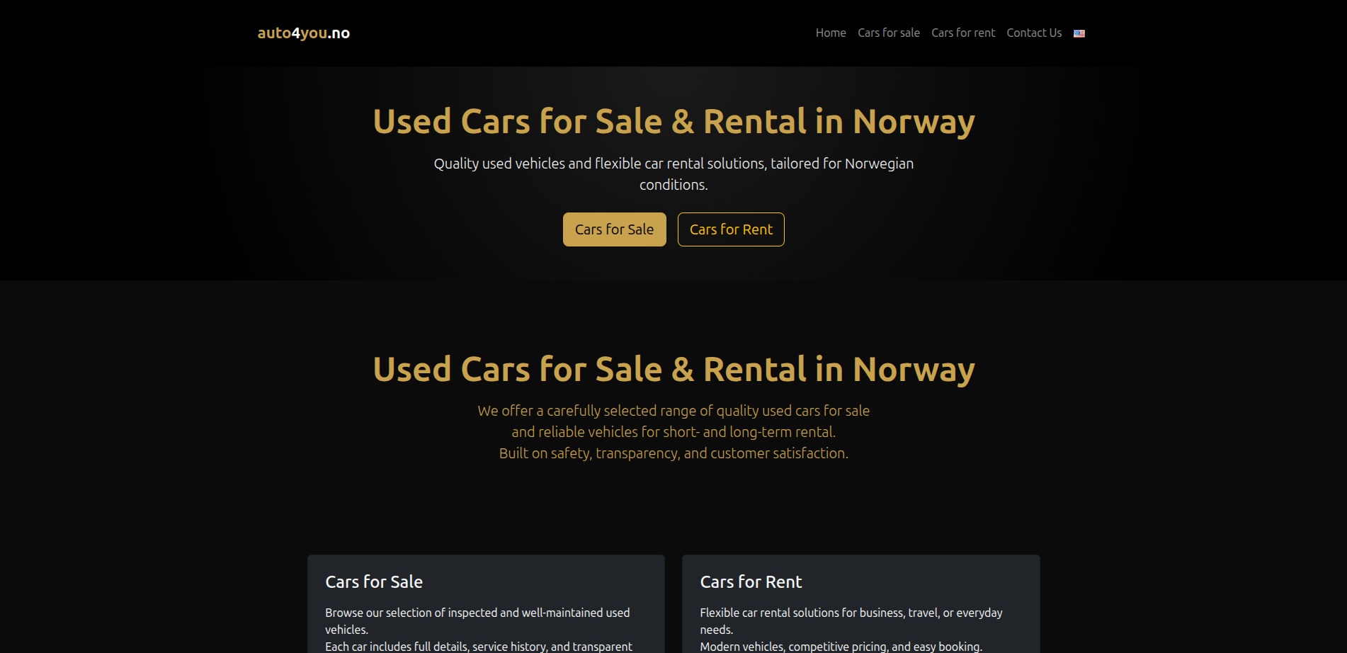 Zrzut strony internetowej auto4you.no z ofertą sprzedaży i wynajmu aut w Norwegii. Ciemna kolorystyka, widoczne sekcje 'Cars for Sale' i 'Cars for Rent'.