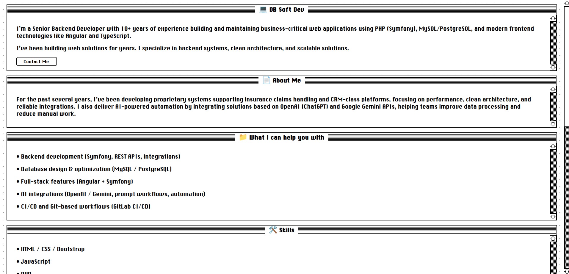 Zrzut ekranu profilu programisty z opisem doświadczenia, umiejętności (PHP, Symfony, MySQL, Angular, TypeScript) i oferowanych usług (backend, AI, bazy danych).