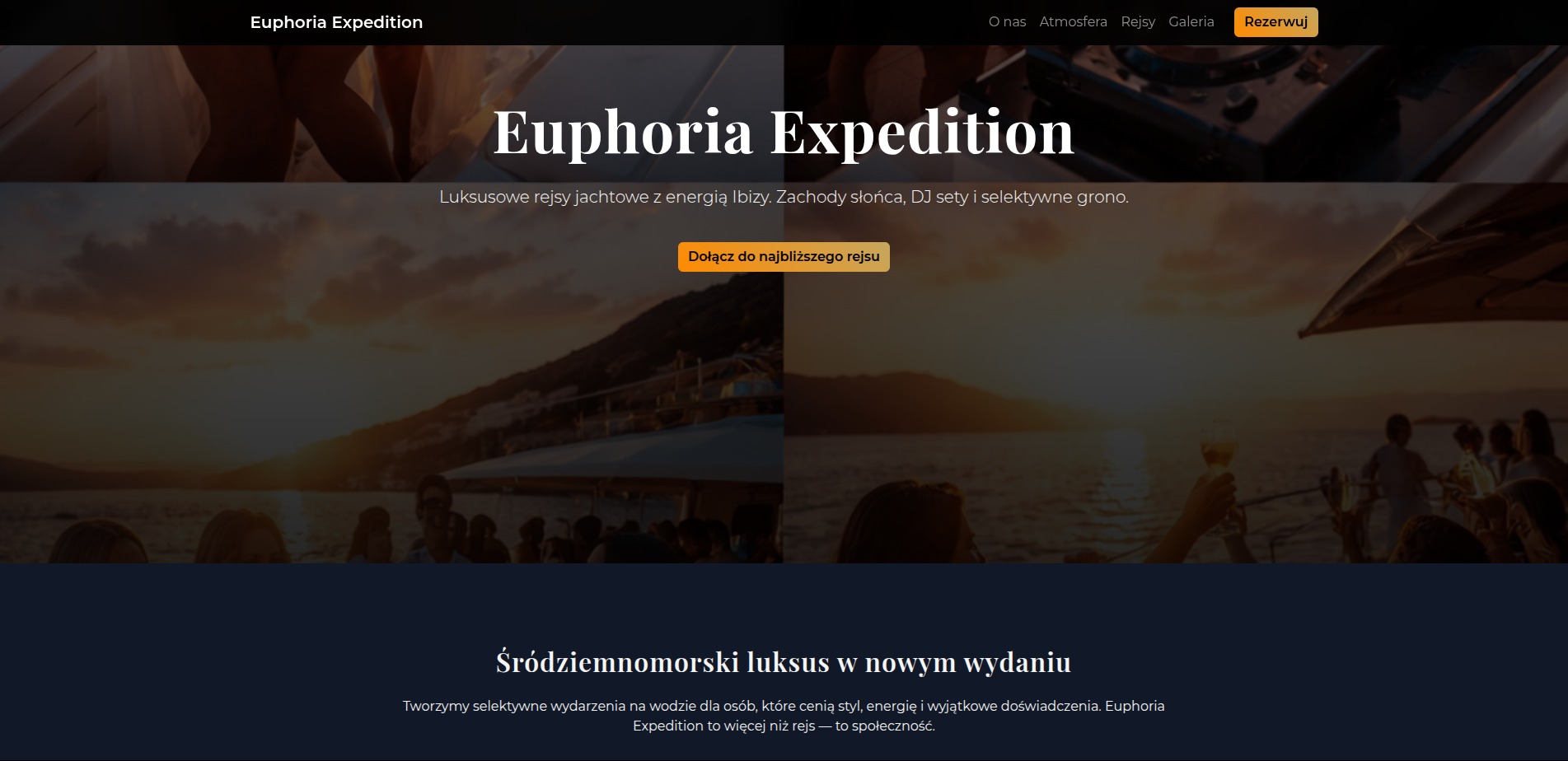 Strona internetowa firmy Euphoria Expedition oferującej luksusowe rejsy jachtowe. Widoczne menu, logo i hasło reklamowe na tle zachodu słońca nad morzem.