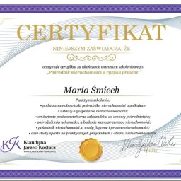Maria Śmiech Agent Nieruchomości - Certyfikat ukończenia szkolenia 'Pośrednik nieruchomości a ryzyka prawne' dla Marii Śmiech, wydany przez Kancelarię Radcy Prawnego Klaudyny Jarzec-Koślacz.
