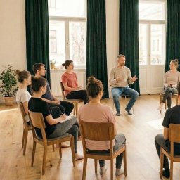 INTROS SPÓŁKA Z OGRANICZONĄ ODPOWIEDZIALNOŚCIĄ - Grupa osób siedzi w kręgu na drewnianych krzesłach, słuchając mężczyzny w swetrze, który gestykuluje. Jasne wnętrze z zielonymi zasłonami i roślinami doniczkowymi.