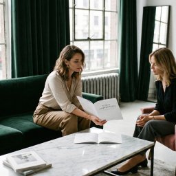 INTROS SPÓŁKA Z OGRANICZONĄ ODPOWIEDZIALNOŚCIĄ - Dwie kobiety w jasnym wnętrzu, jedna czyta broszurę 'FAQ & Odpowiedzi' na zielonej sofie, druga siedzi w różowym fotelu. Konsultacja w gabinecie.