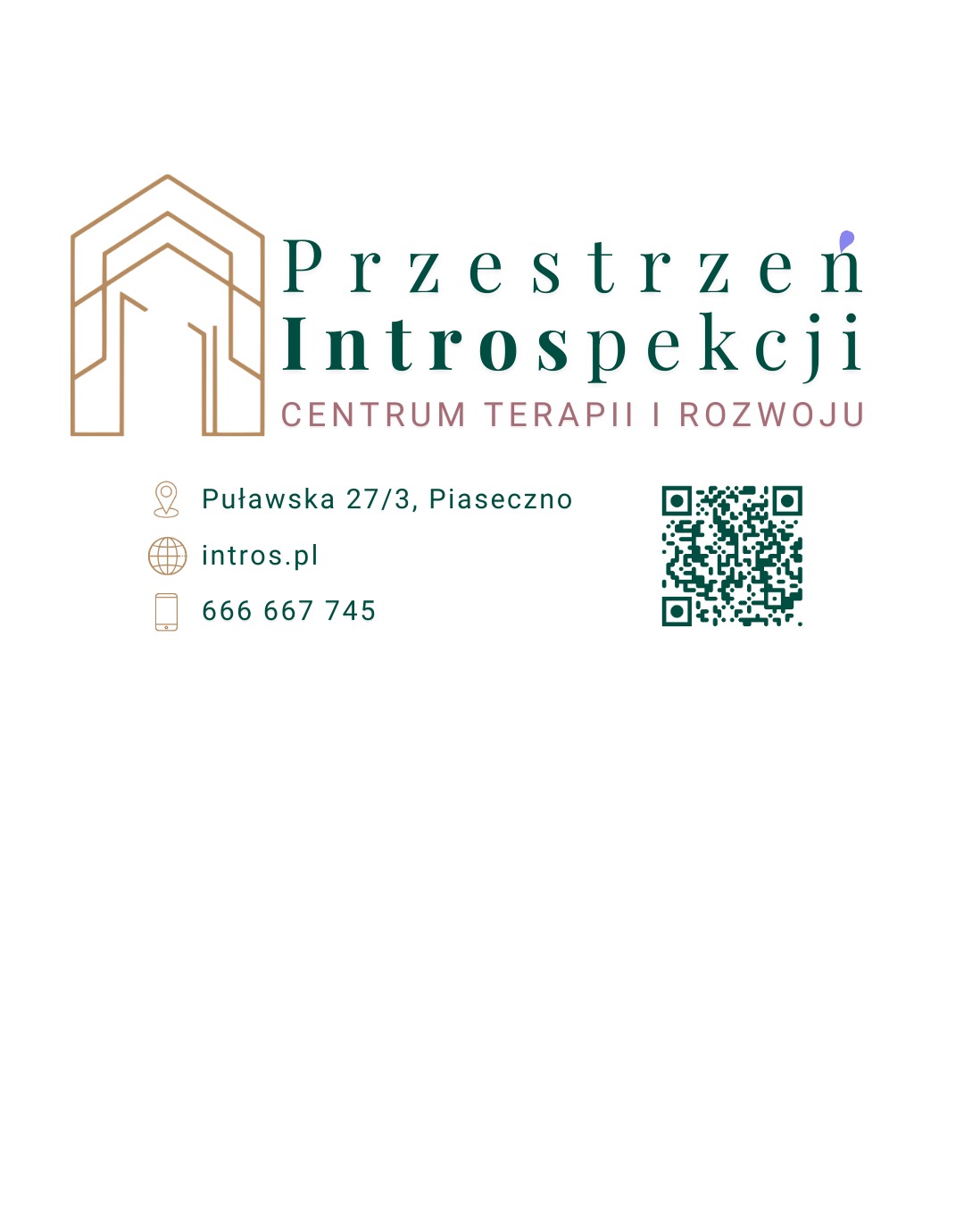 Grafika z logo 'Przestrzeń Introspekcji', adres Puławska 27/3, Piaseczno, strona intros.pl, numer telefonu i kod QR. Centrum terapii i rozwoju.