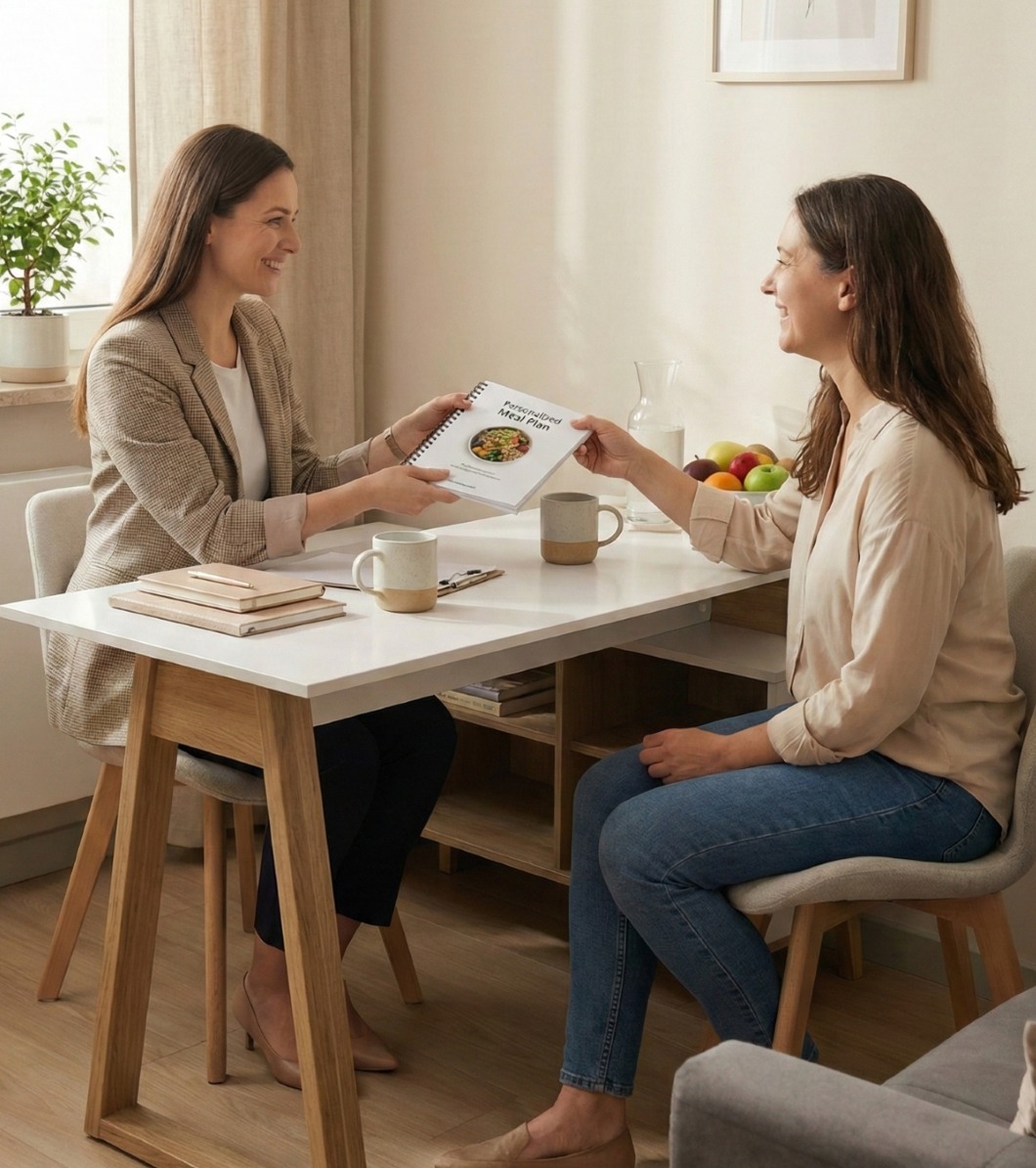 Dietetyk wręcza spersonalizowany plan żywieniowy klientce w Piasecznie. Na stole kubki i owoce. Jasne wnętrze, naturalne światło, spokojna atmosfera konsultacji.