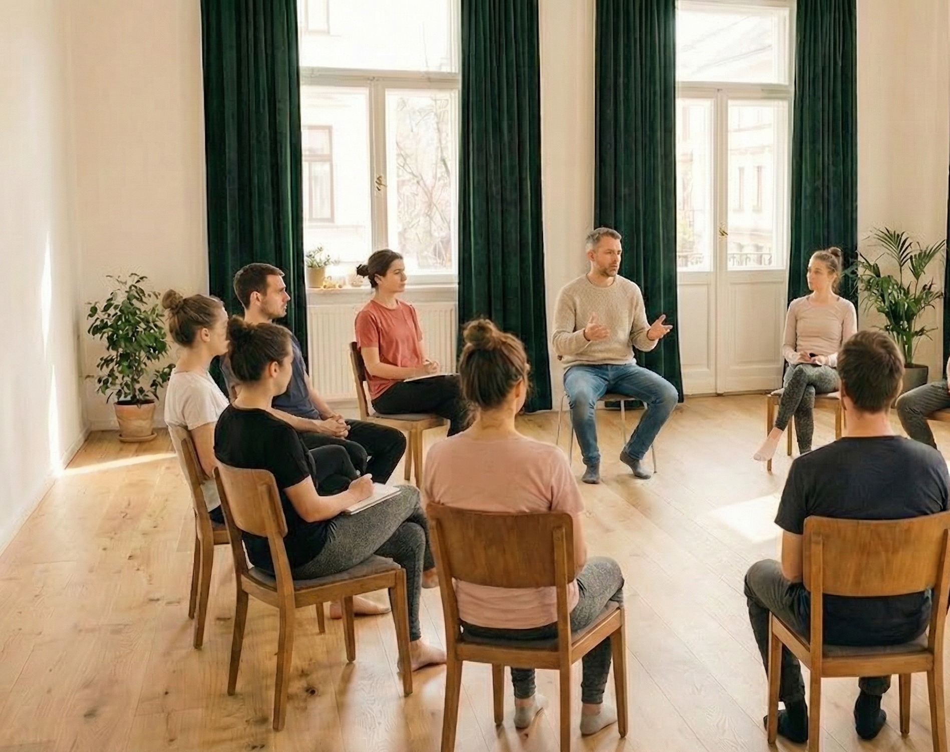 Grupa osób siedzi w kręgu na drewnianych krzesłach, słuchając mężczyzny w swetrze, który gestykuluje. Jasne wnętrze z zielonymi zasłonami i roślinami doniczkowymi.