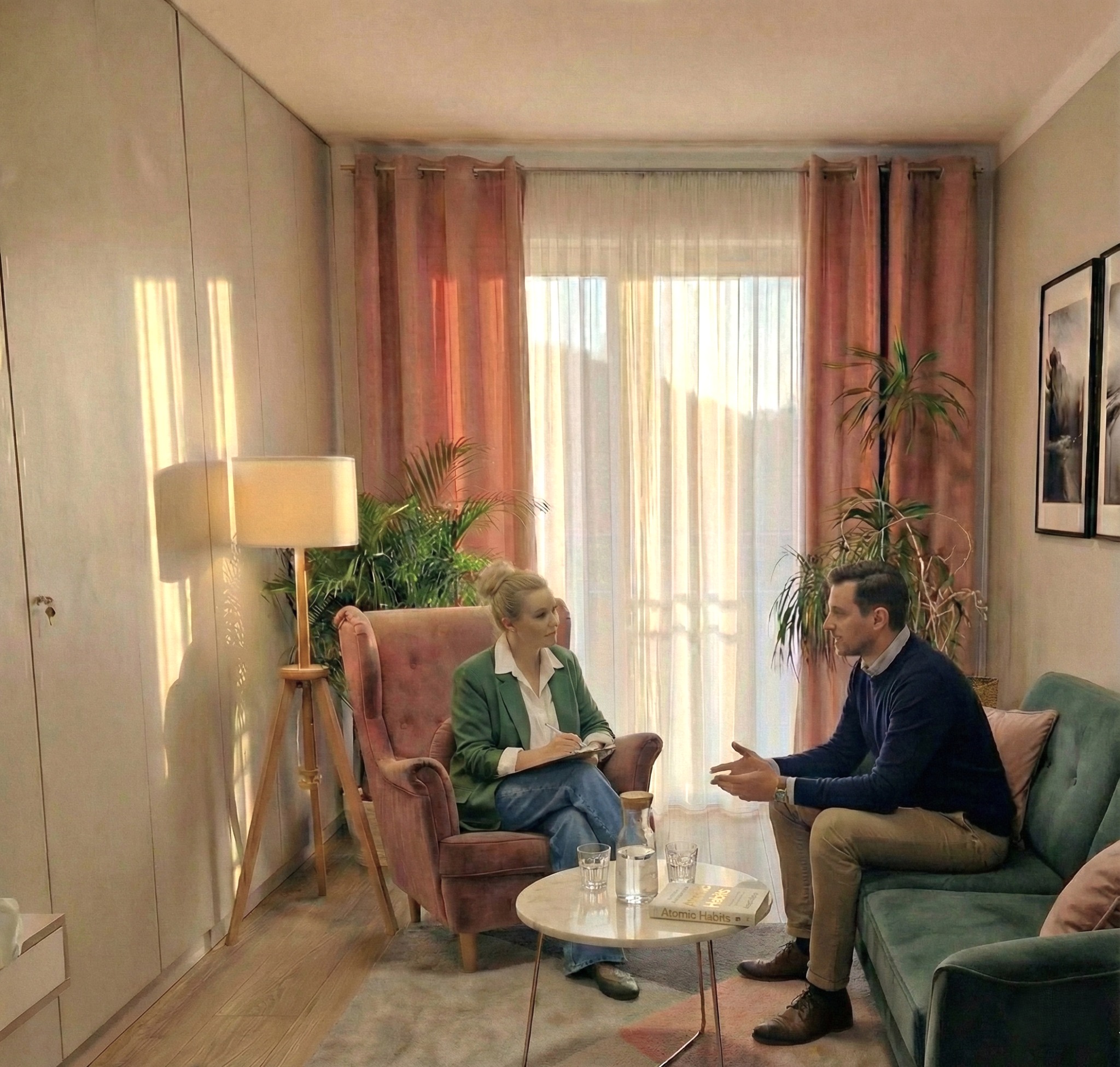 Sesja terapeutyczna w jasnym gabinecie: kobieta w zielonej marynarce notuje, mężczyzna gestykuluje siedząc na zielonej sofie. Na stoliku woda i książka.