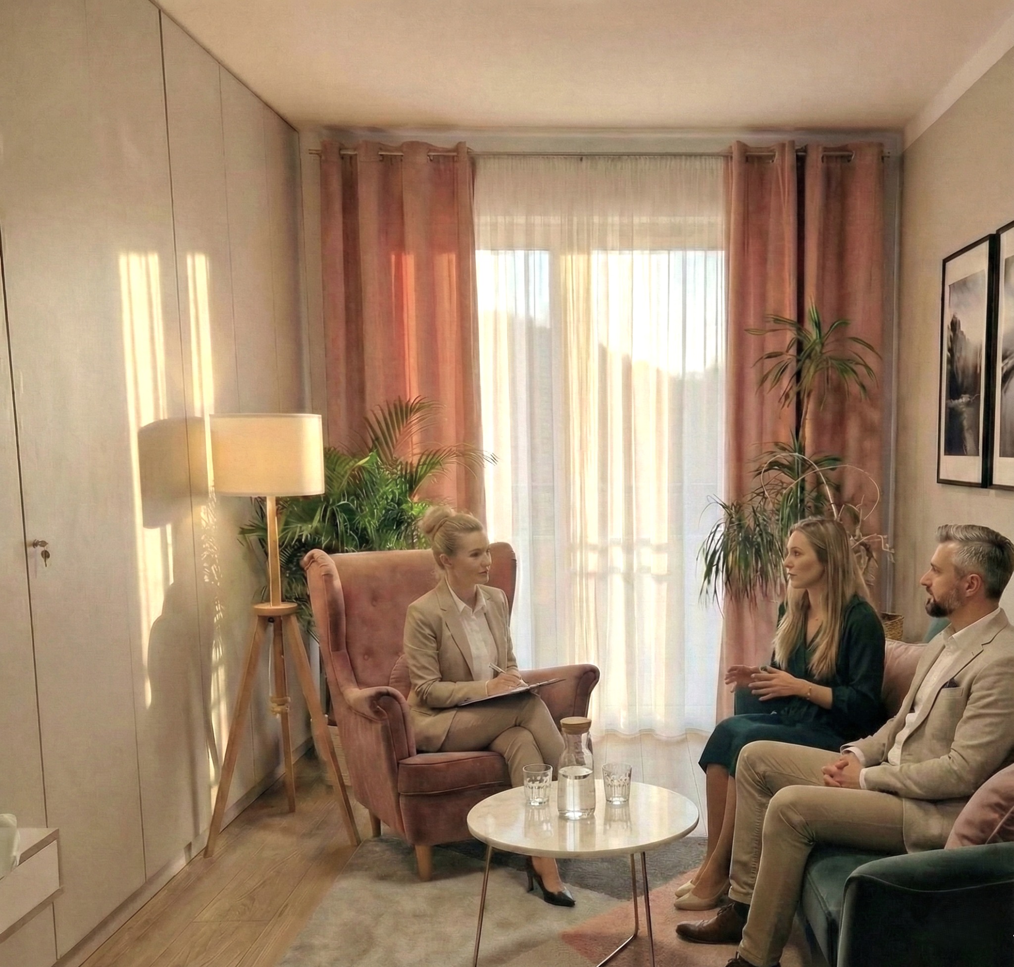 Jasne wnętrze gabinetu z kobietą w fotelu prowadzącą rozmowę z parą siedzącą na kanapie. Na stoliku woda w dzbanku i szklanki. Delikatne, naturalne światło.