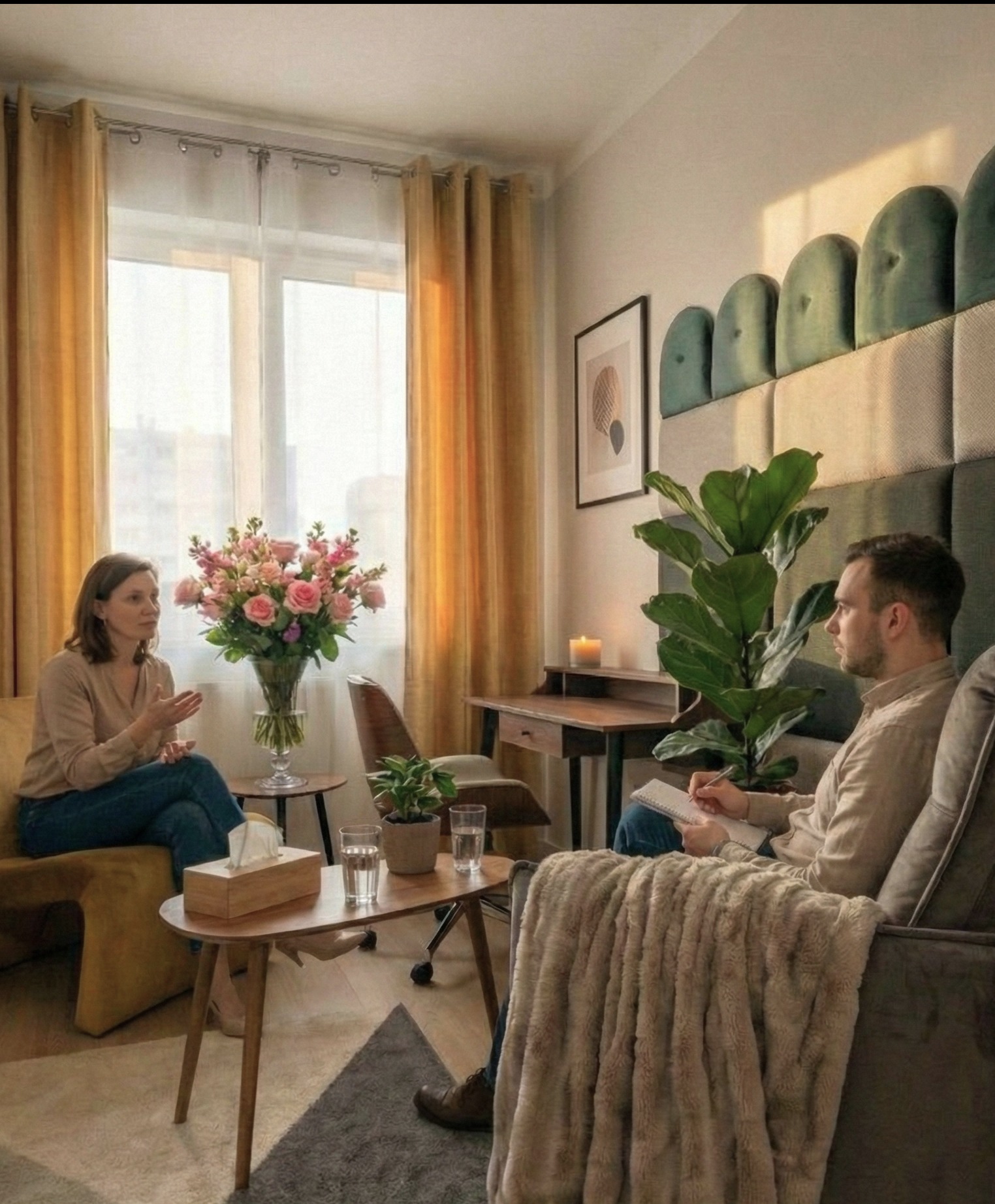 Kobieta i mężczyzna w jasnym gabinecie podczas sesji. Na stoliku wazon z różowymi różami, na ścianie dekoracyjne panele. Mężczyzna robi notatki.