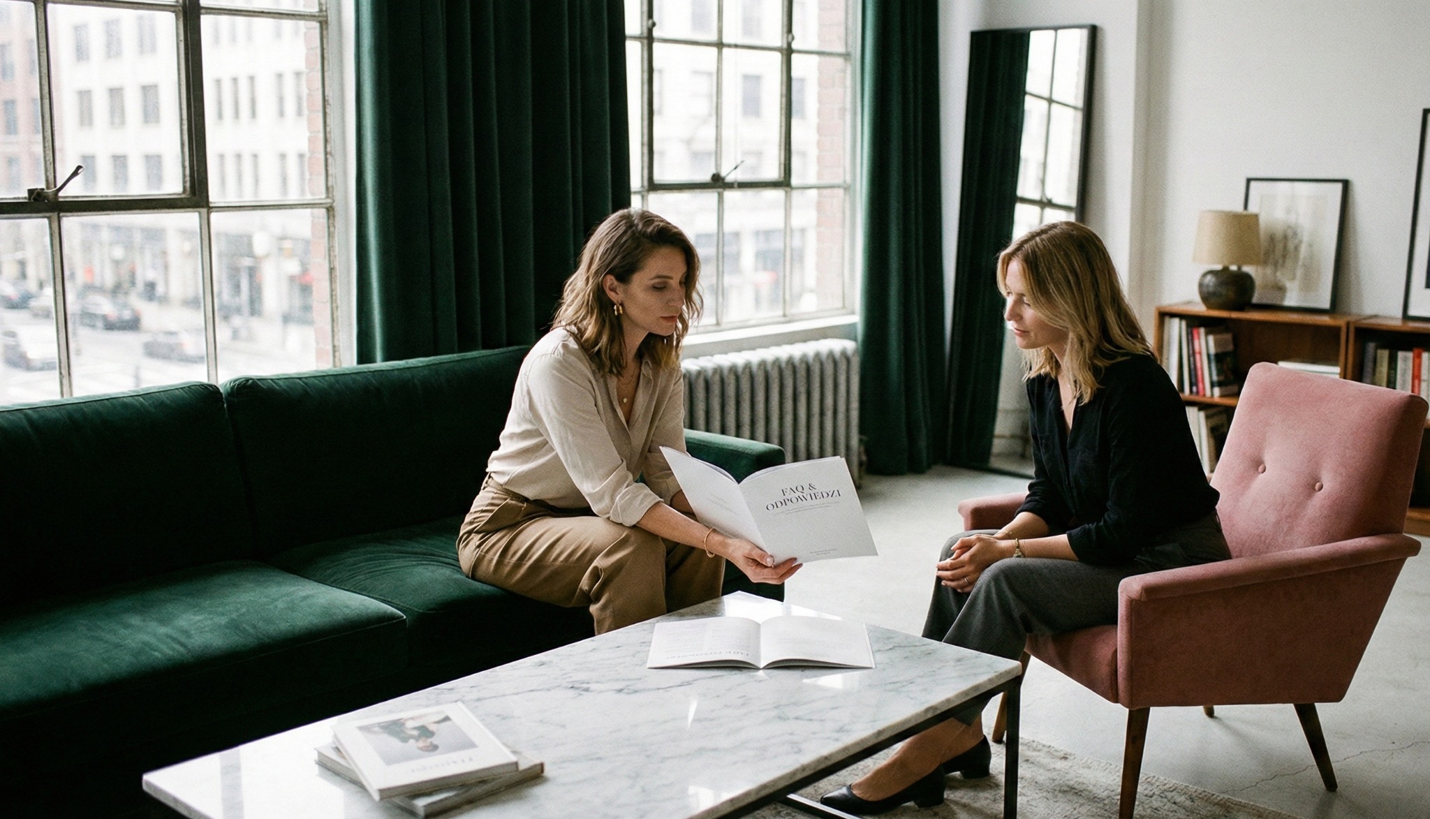 Dwie kobiety w jasnym wnętrzu, jedna czyta broszurę 'FAQ & Odpowiedzi' na zielonej sofie, druga siedzi w różowym fotelu. Konsultacja w gabinecie.