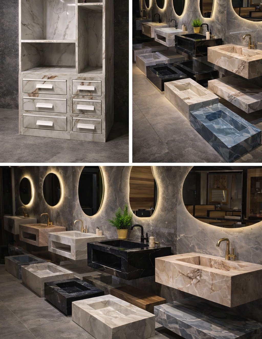 Marmurowa szafka łazienkowa z szufladami obok ekspozycji umywalek nablatowych z lustrami w podświetlanych ramach, różne wzory i kolory kamienia.