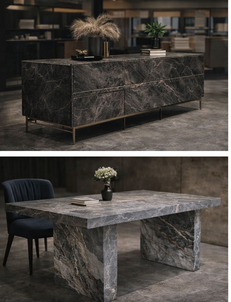 Stylowy zestaw mebli z marmurowym wzorem: komoda z dekoracjami i stół z krzesłem, tworzące elegancką aranżację wnętrza. Minimalistyczny design, stonowana kolorystyka.