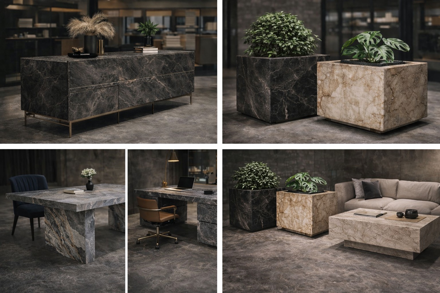 Marmurowe meble w biurze: biurko, komoda, stolik kawowy i donice. Nowoczesny design z wyraźnym wzorem kamienia, złote nóżki, rośliny doniczkowe. Stonowana kolorystyka.