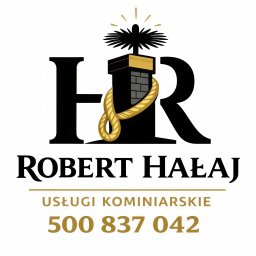 Grafika z kominem, szczotką kominiarską i liną, wkomponowana w inicjały 'HR' nad napisem 'Robert Hałaj Usługi Kominiarskie' i numerem telefonu.