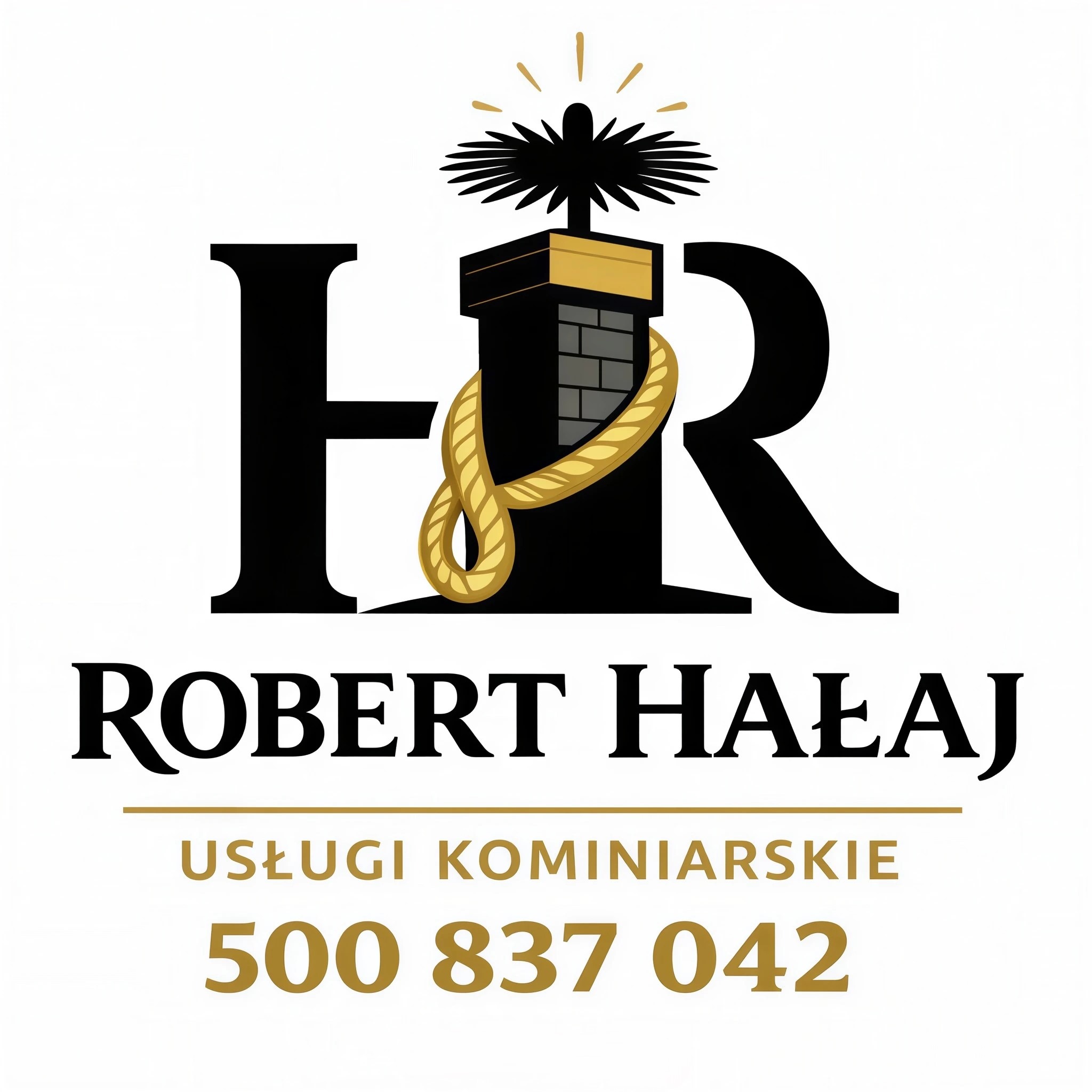 Grafika z kominem, szczotką kominiarską i liną, wkomponowana w inicjały 'HR' nad napisem 'Robert Hałaj Usługi Kominiarskie' i numerem telefonu.