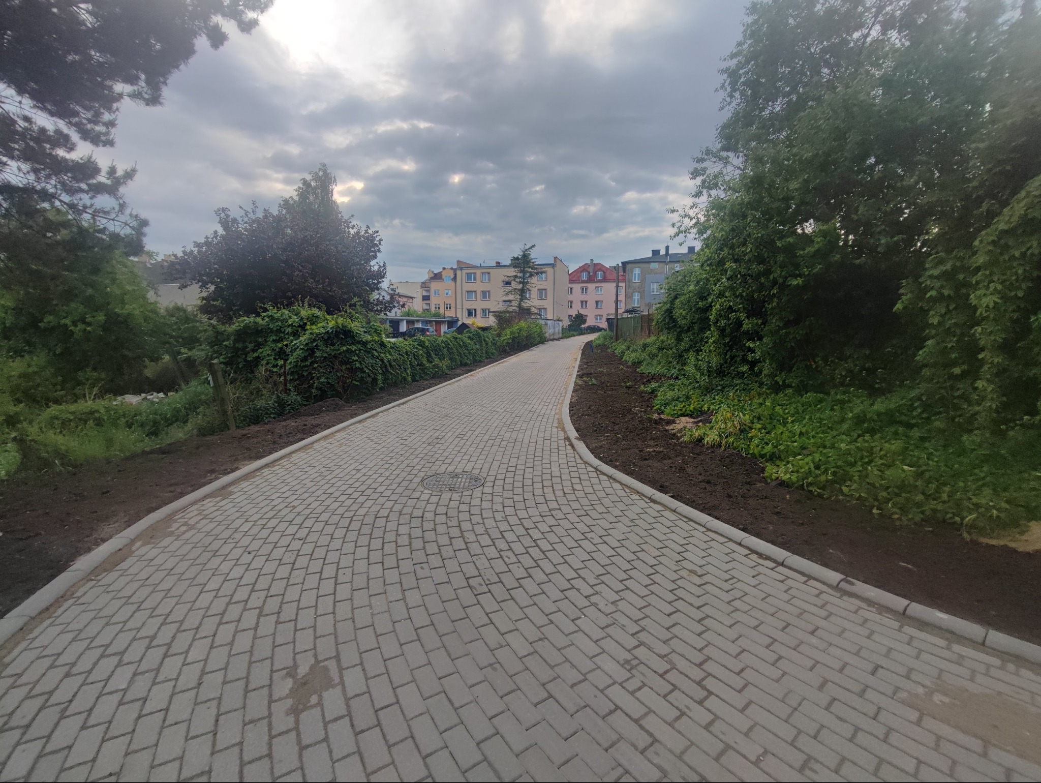 Ułożona kostka brukowa tworząca ścieżkę w parku, z widocznymi budynkami w tle i świeżo obsypaną ziemią po bokach. Pochmurne niebo.