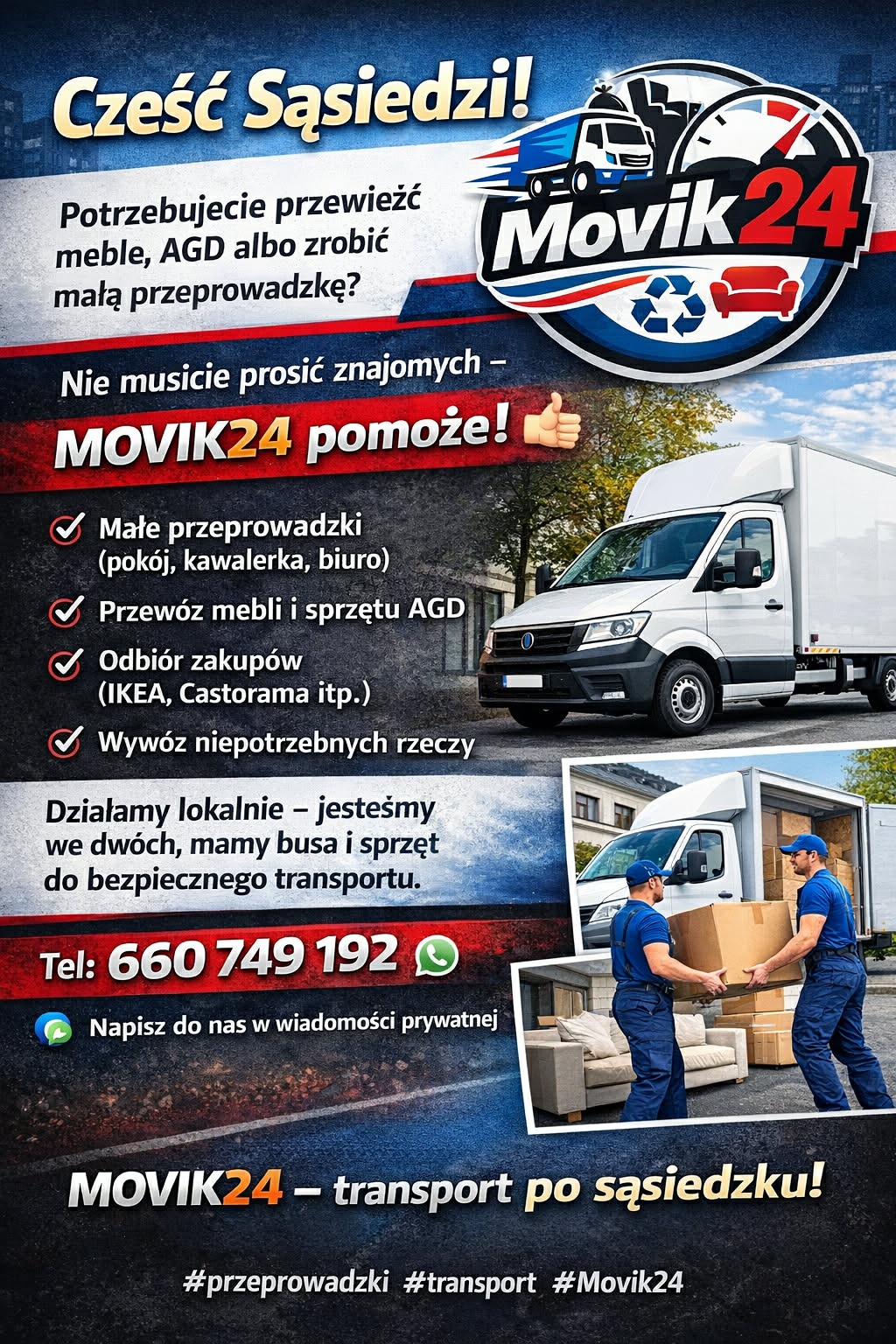 Plakat reklamowy firmy Movik24: transport mebli, AGD, małe przeprowadzki, odbiór zakupów. Dwa busy, pracownicy w niebieskich uniformach przenoszą kartony. Numer telefonu.