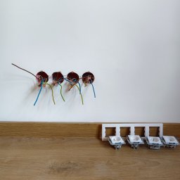 ElektrykSpecOk - Cztery puszki elektryczne w ścianie z podłączonymi przewodami, obok leżą gniazdka z ramką, gotowe do montażu. Widok na drewnianą podłogę i białą ścianę.