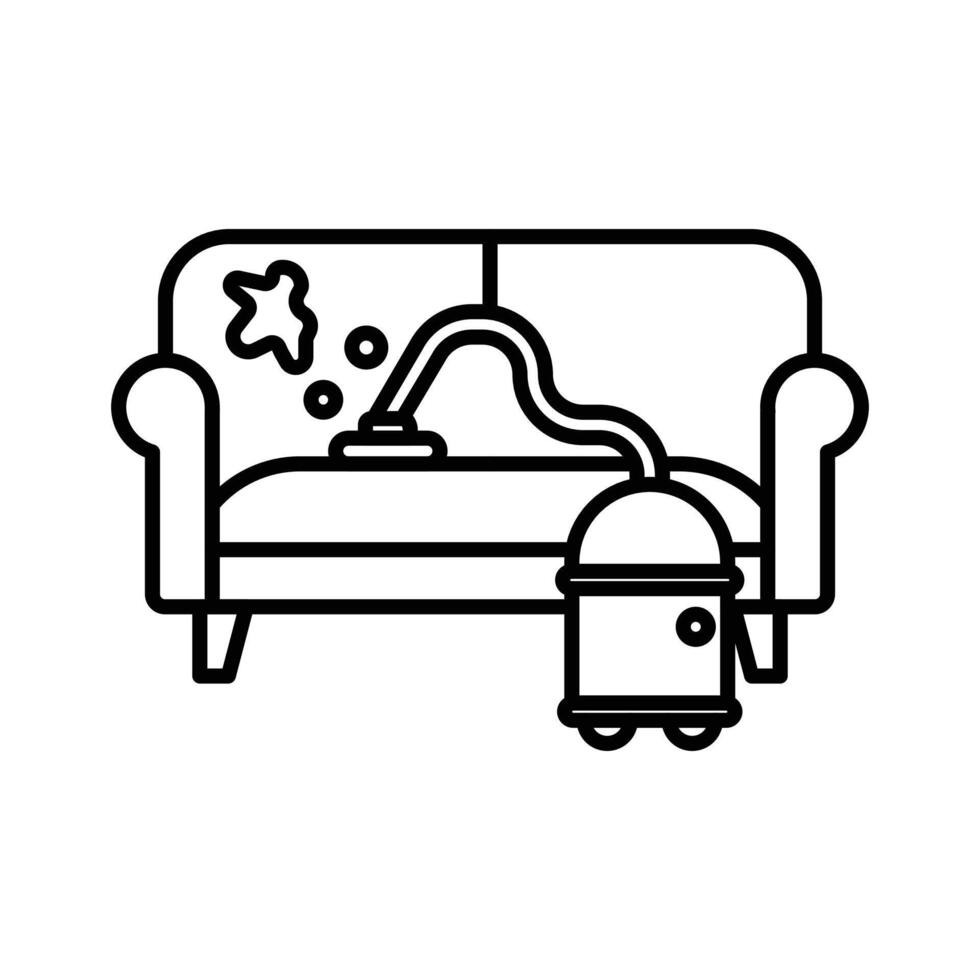 Grafika liniowa: sofa z plamą i odkurzacz piorący. Ilustracja przedstawia proces czyszczenia tapicerki meblowej.