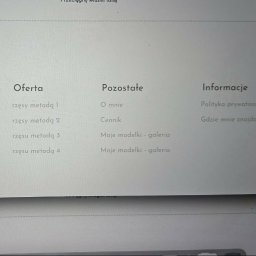 MWJR - Fragment strony internetowej z ofertą stylizacji rzęs: 'Oferta', 'Pozostałe', 'Informacje'. Widoczne logo i adres e-mail. Menu strony w jasnej kolorystyce.