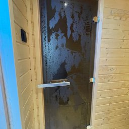 Szklane drzwi do sauny z dekoracyjnym motywem roślinnym, zamontowane w drewnianej konstrukcji z jasnych desek. Widoczne metalowe okucia i uchwyt.