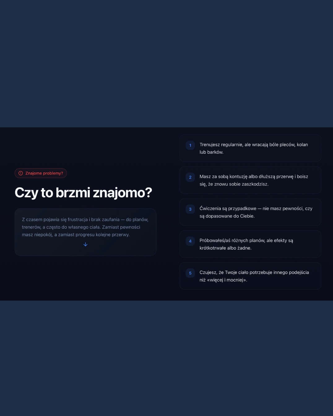 Tekst na ciemnym tle: 'Czy to brzmi znajomo?' z listą problemów związanych z treningiem, takich jak bóle, kontuzje i brak efektów. Reklama usług trenera personalnego.