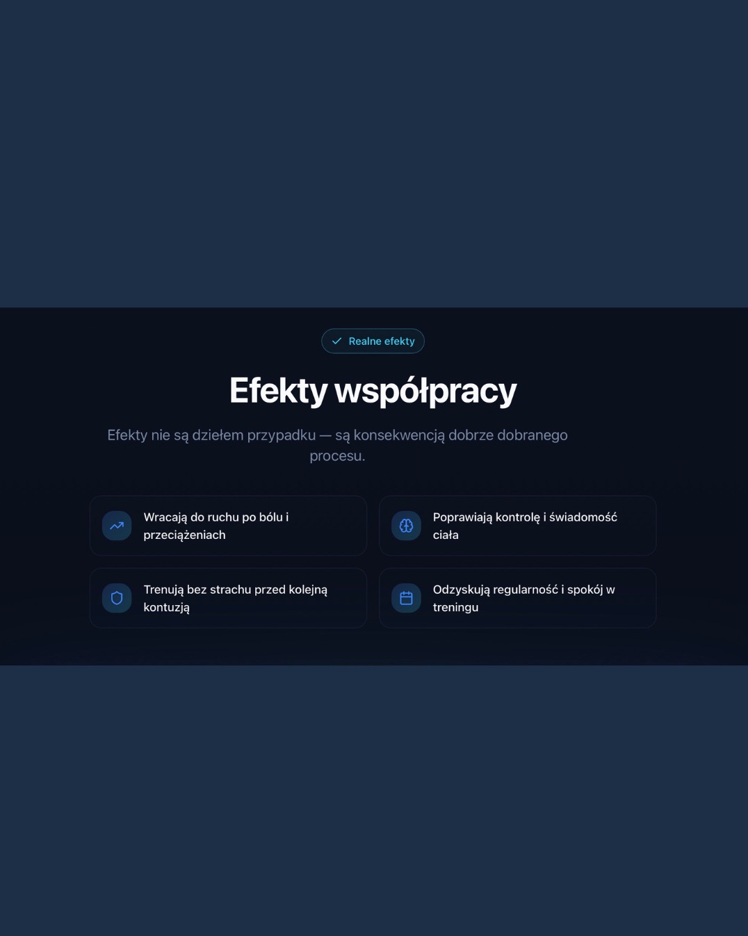 Grafika z hasłem 'Efekty współpracy' i opisem korzyści z treningu: powrót do ruchu, poprawa kontroli ciała, trening bez strachu, regularność i spokój.