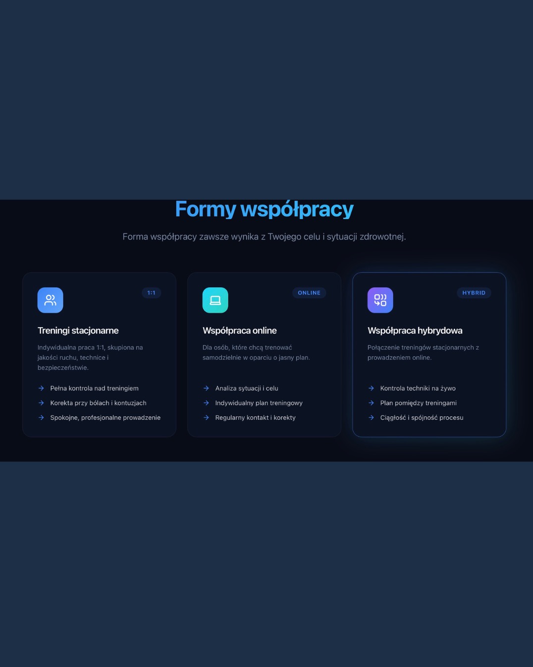 Grafika prezentująca trzy formy współpracy: treningi stacjonarne 1:1, współpracę online i hybrydową, z opisem korzyści każdej z nich na ciemnoniebieskim tle.