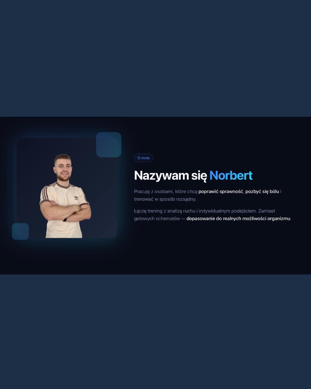 Zdjęcie profilowe Norberta, uśmiechniętego mężczyzny w sportowej koszulce, na tle minimalistycznego, ciemnoniebieskiego layoutu z tekstem o jego ofercie treningowej.