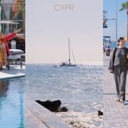 Kaja Properties - Kolaż z trzema kadrami z Cypru: relaks przy basenie, żaglówka na morzu i spacer po promenadzie w słoneczny dzień. Jasne, wakacyjne barwy.