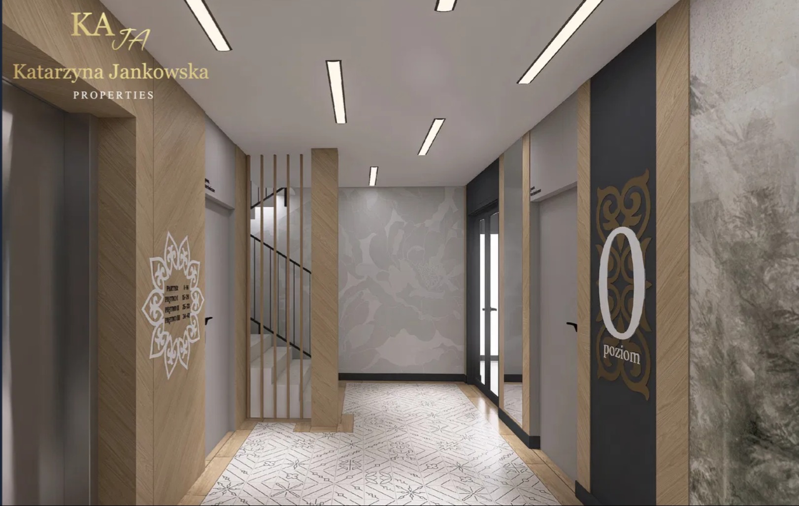 Nowoczesny hol wejściowy z windami i schodami, wykończony drewnem i wzorzystą podłogą. Widoczny numer '0' z napisem 'poziom' na ścianie.