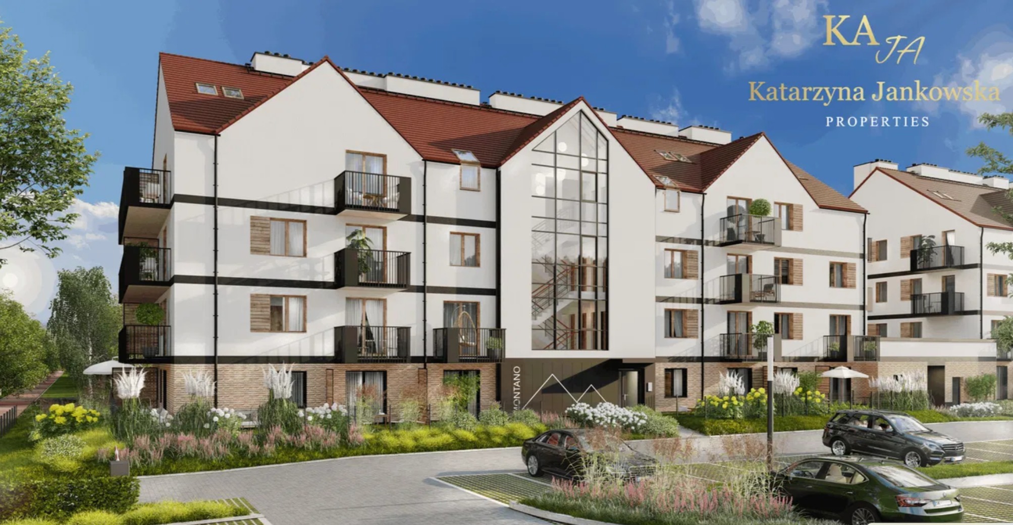 Wizualizacja nowoczesnego apartamentowca z balkonami, zieleń przed budynkiem, auta na parkingu. Logo firmy deweloperskiej w prawym górnym rogu.