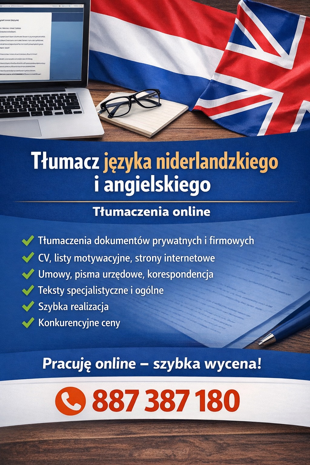 Oferta tłumaczeń niderlandzkiego i angielskiego online. Laptop, notatnik, okulary, flagi Holandii i Wielkiej Brytanii. Szybka realizacja i konkurencyjne ceny.