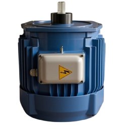 Niebieski silnik elektryczny z żeliwnym korpusem i wbudowanym hamulcem, przeznaczony do wciągników i suwnic. Widoczna tabliczka ostrzegawcza z symbolem wysokiego napięcia.