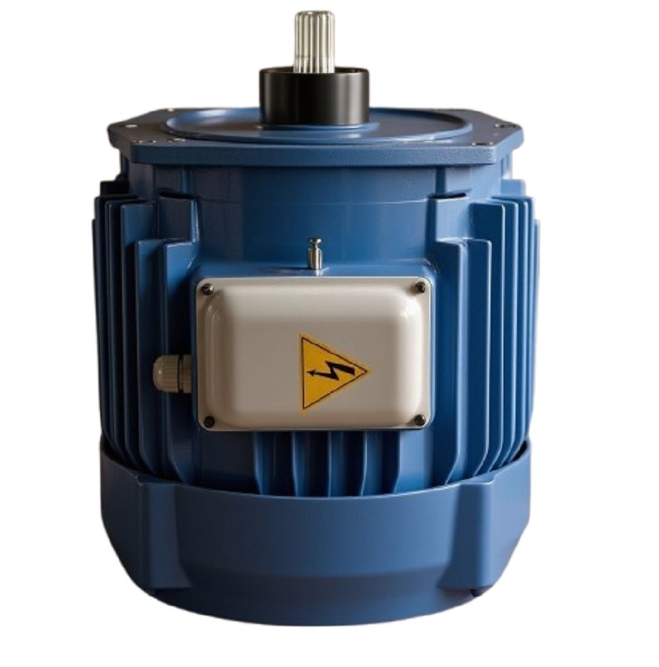 Niebieski silnik elektryczny z żeliwnym korpusem i wbudowanym hamulcem, przeznaczony do wciągników i suwnic. Widoczna tabliczka ostrzegawcza z symbolem wysokiego napięcia.