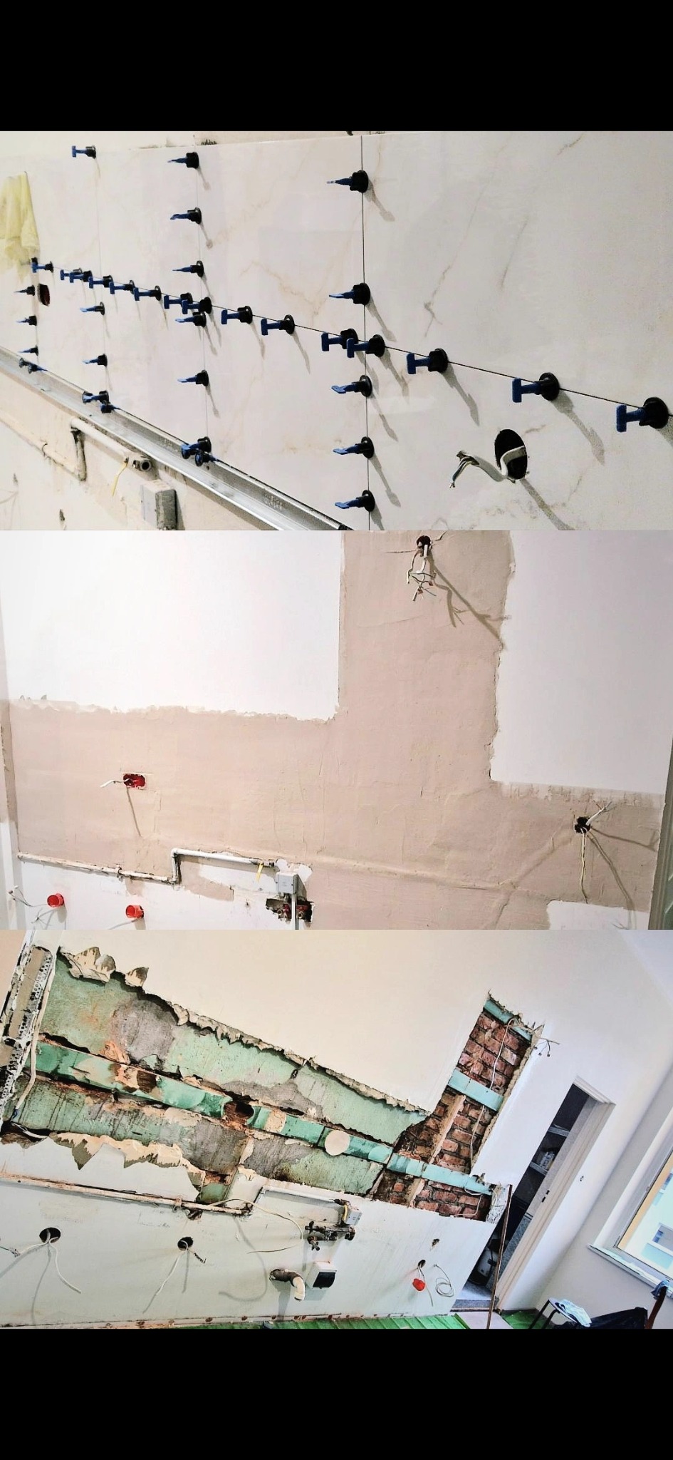 Trzy kadry z remontu: układanie płytek z systemem poziomowania, ściana po położeniu gładzi, odsłonięta instalacja w ścianie z fragmentem cegły i okna.