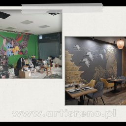 ARTIS RENO SP. Z O.O. - Zdjęcie 'przed i po' remontu restauracji sushi: po lewej surowy stan z graffiti, po prawej eleganckie wnętrze z motywami azjatyckimi, stoliki nakryte do posiłku.