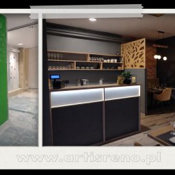ARTIS RENO SP. Z O.O. - Remont restauracji sushi: widok przed (surowy stan) i po (nowoczesny bar, stoliki). Kontrastowe ujęcie prezentuje metamorfozę wnętrza lokalu gastronomicznego.