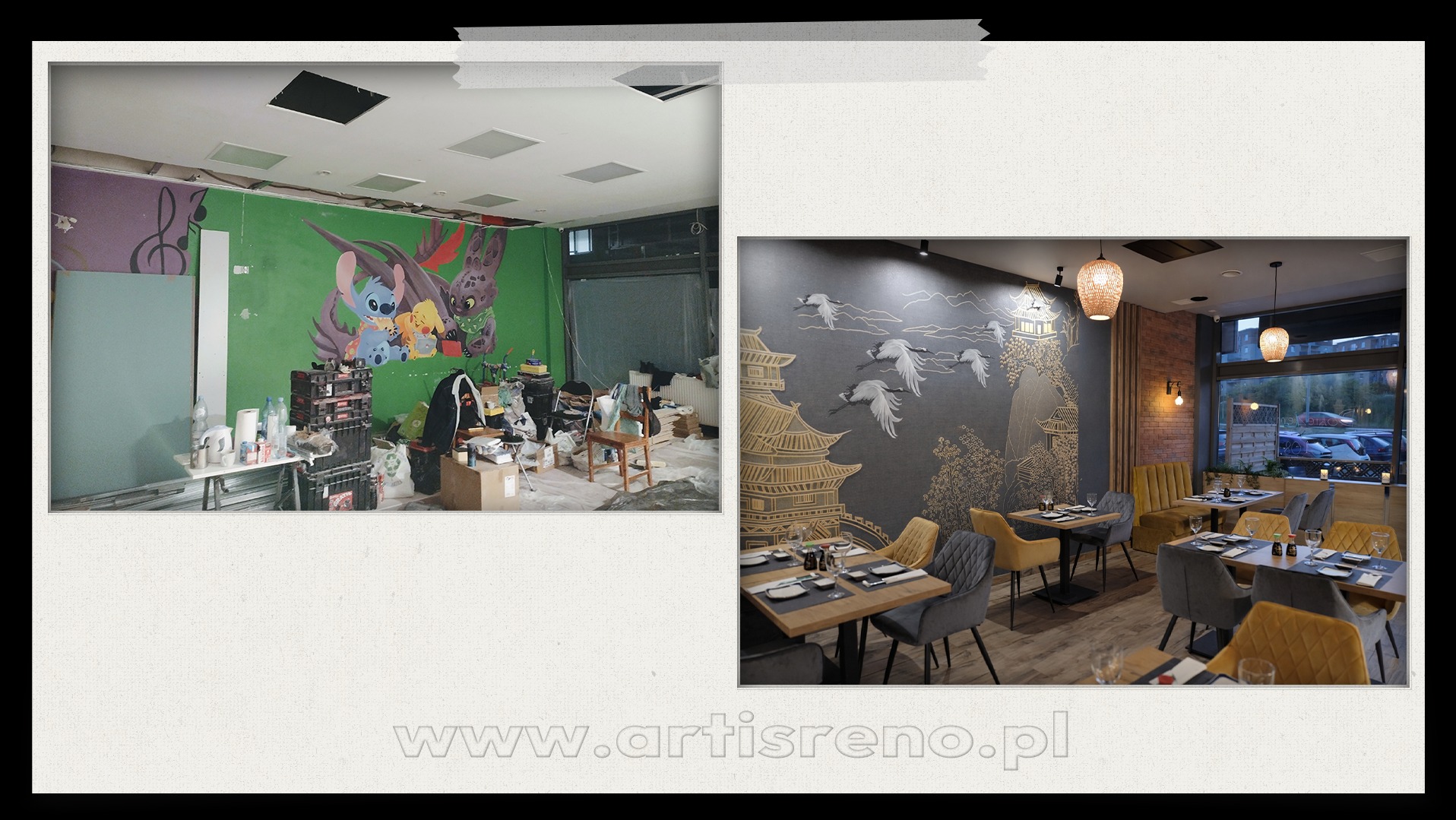 Zdjęcie 'przed i po' remontu restauracji sushi: po lewej surowy stan z graffiti, po prawej eleganckie wnętrze z motywami azjatyckimi, stoliki nakryte do posiłku.