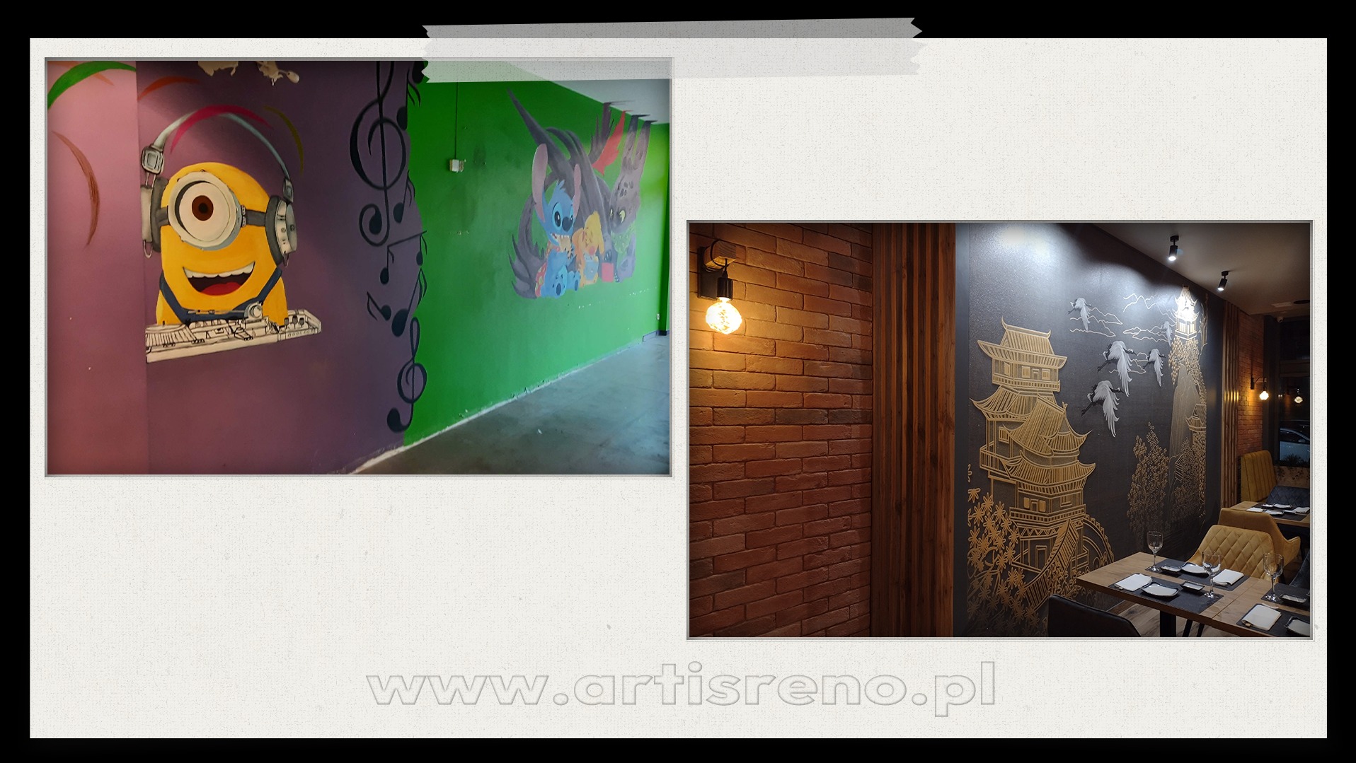 Wnętrze restauracji sushi po adaptacji: ściany z muralami (Minionek, postacie z bajek), cegła, dekoracyjna ściana z motywem orientalnym. Oświetlenie punktowe, stoliki z nakryciami.