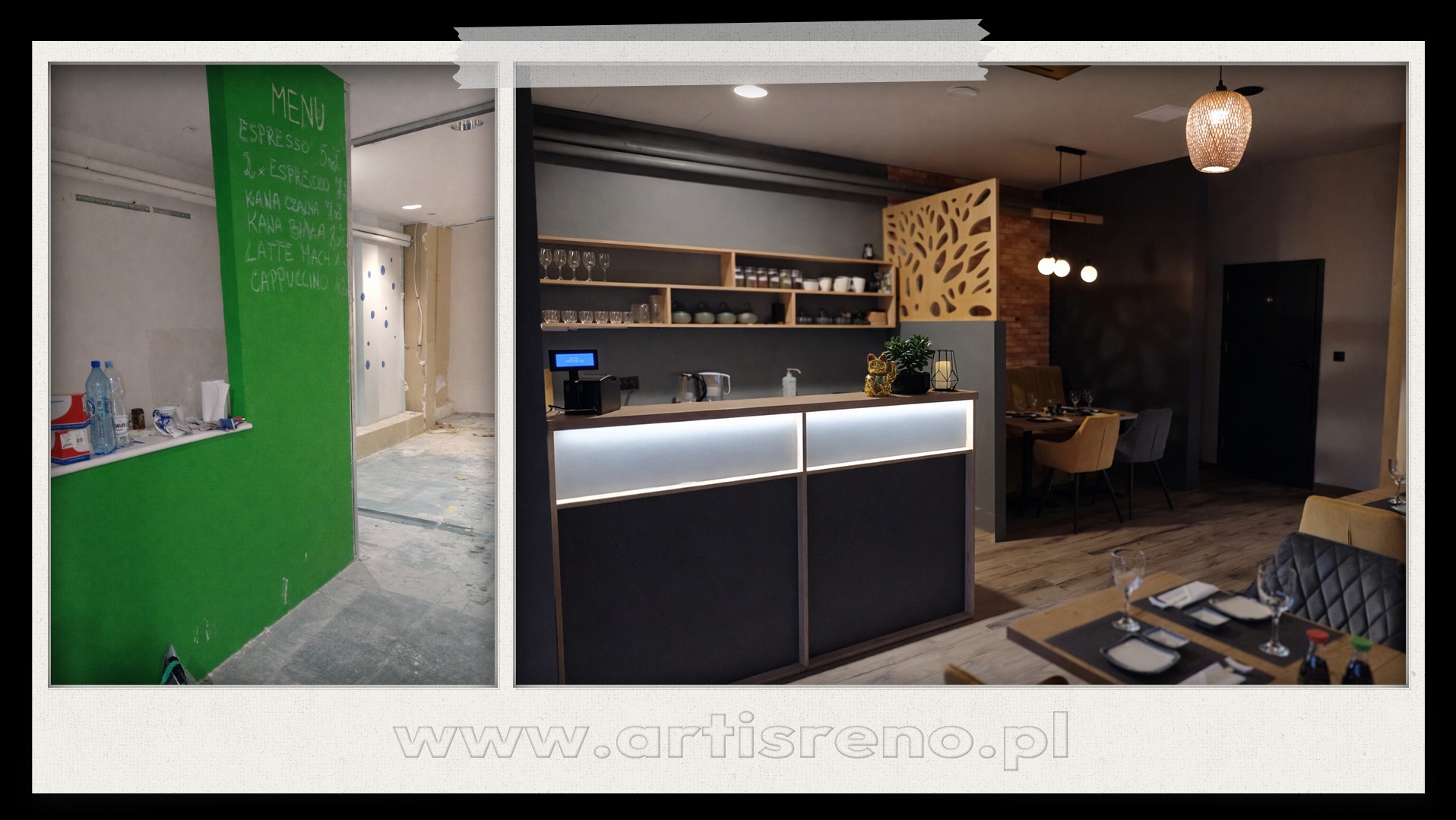 Remont restauracji sushi: widok przed (surowy stan) i po (nowoczesny bar, stoliki). Kontrastowe ujęcie prezentuje metamorfozę wnętrza lokalu gastronomicznego.
