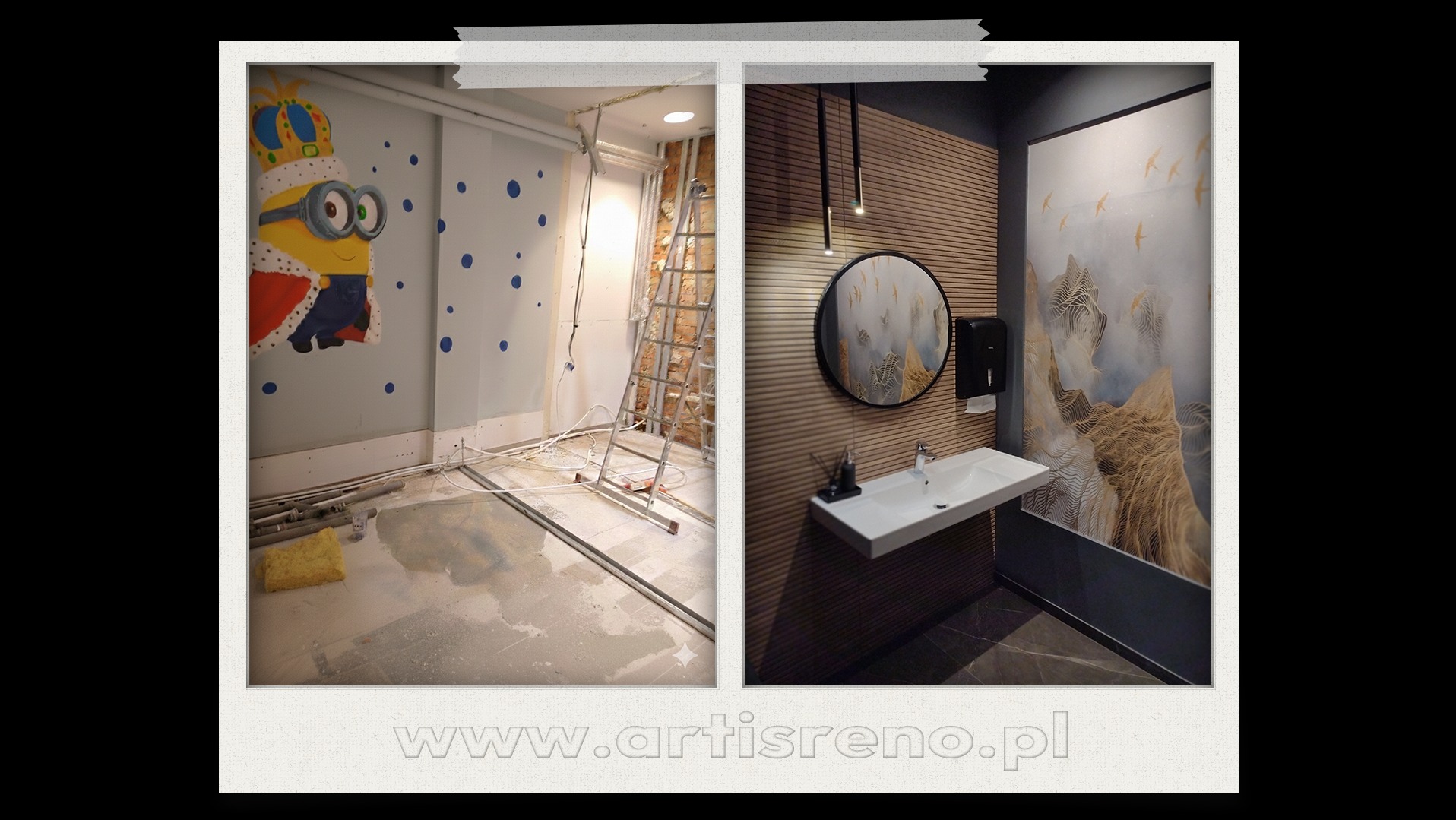 Zdjęcie 'przed i po' adaptacji toalety w restauracji: surowe ściany z instalacją vs. wykończona łazienka z drewnianą okładziną, lustrem i umywalką.
