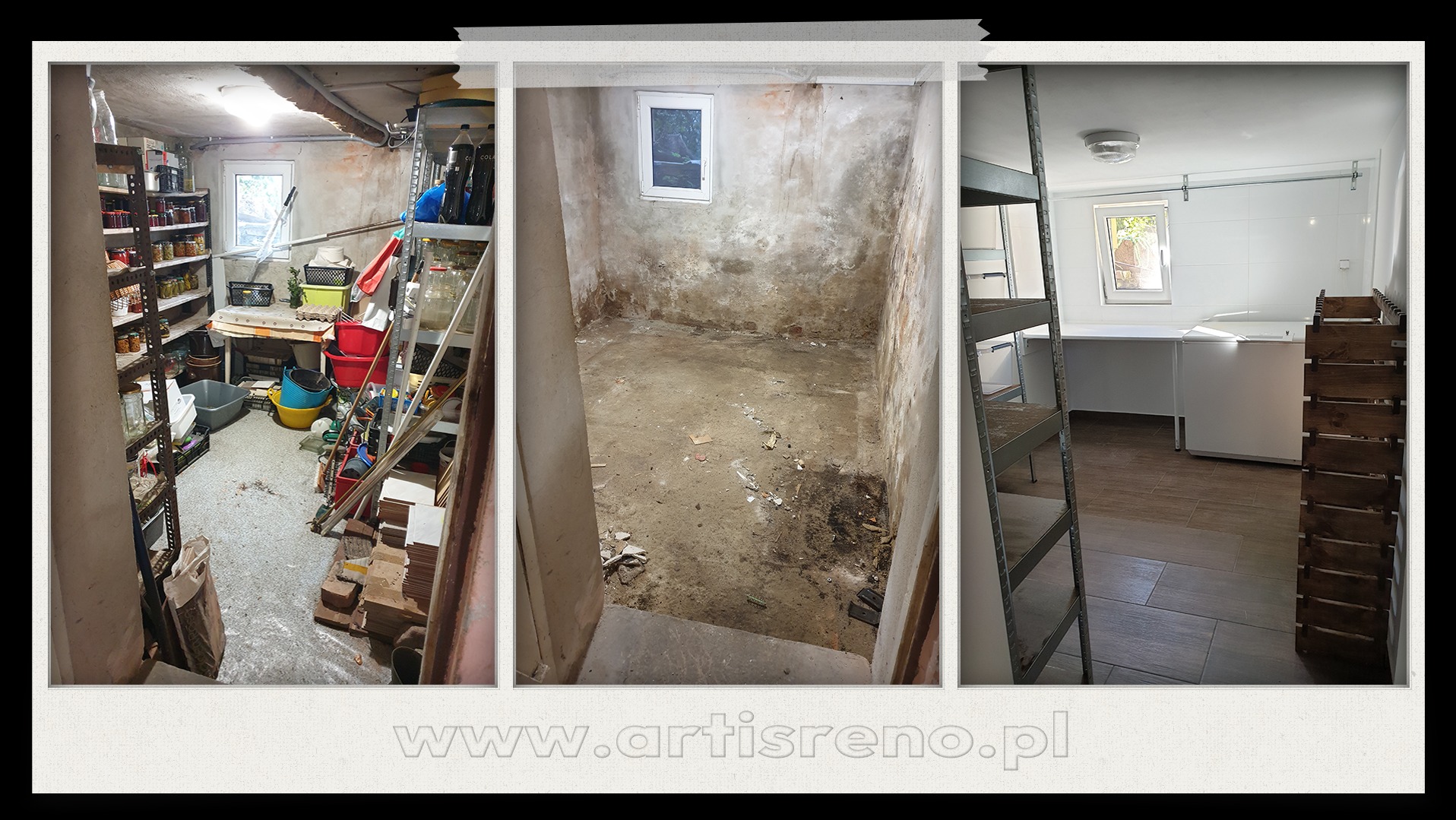 Fotografia 'przed i po' remontu piwnicy: od zagraconego pomieszczenia przez stan surowy do odnowionego wnętrza z regałami i nową podłogą. Widoczne etapy prac.