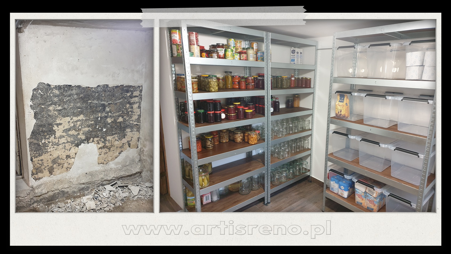 Kolaż: ściana w piwnicy przed remontem i metalowe regały spiżarniane po remoncie, wypełnione słoikami z przetworami i pojemnikami.