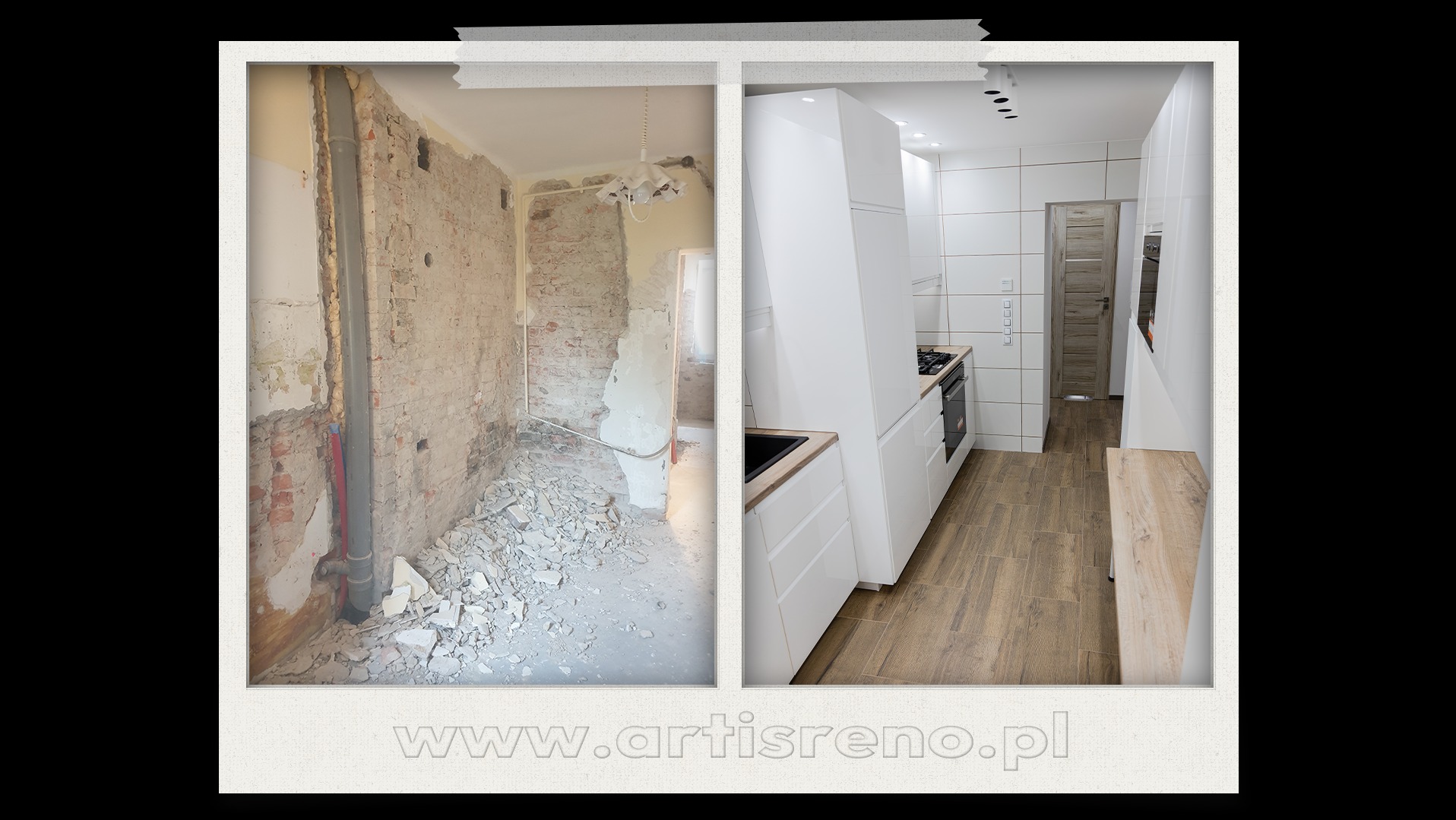 Zdjęcie 'przed i po' remontu kuchni: surowe mury z gruzem kontra nowoczesna, biała zabudowa z drewnianą podłogą i płytkami. Widoczny fragment instalacji i drzwi.