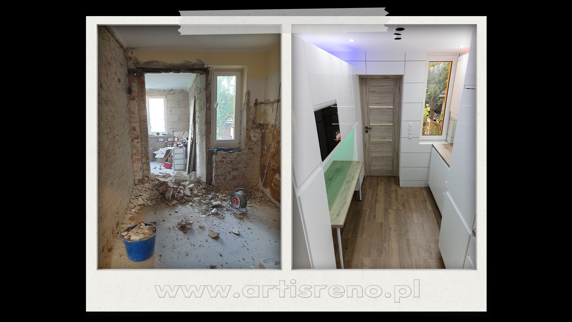 Kolaż 'przed i po' remontu kuchni: od surowych ścian z gruzem do nowoczesnej, białej zabudowy z drewnianą podłogą i oknem z widokiem na zieleń.