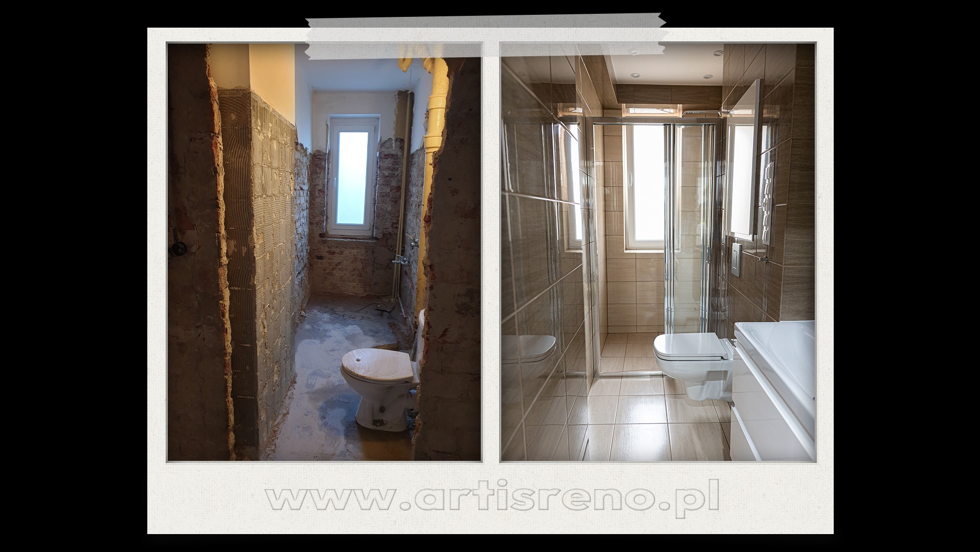 Remont łazienki: kolaż 'przed' z surowymi ścianami i 'po' z kabiną prysznicową, umywalką i beżowymi płytkami. Widoczne okno i oświetlenie.