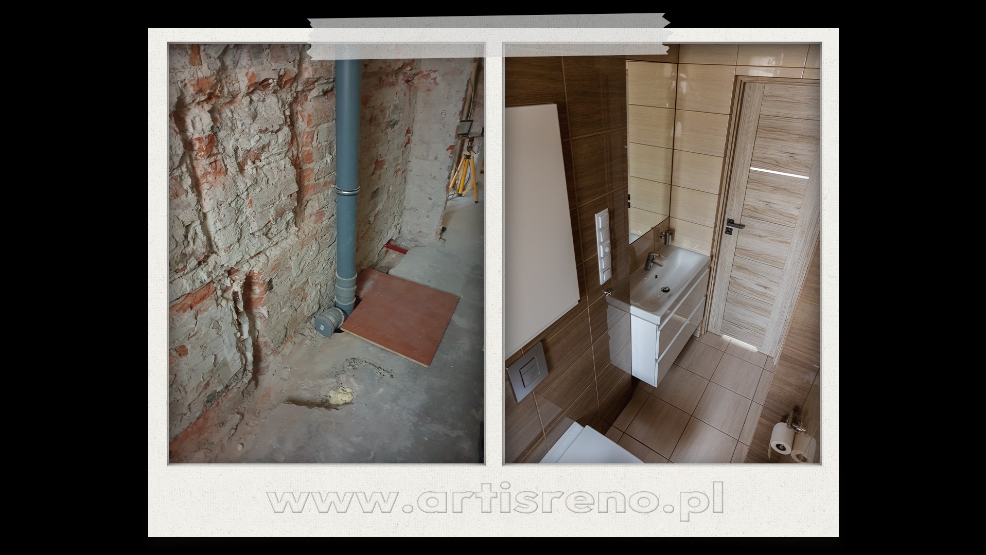 Kolaż: surowa ściana z rurą kanalizacyjną obok wykończonej łazienki z brązowymi płytkami, białą szafką z umywalką i toaletą. Widok z góry.